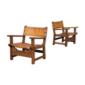 Chaises espagnoles brutalistes en chêne des années 50 avec cuir de selle