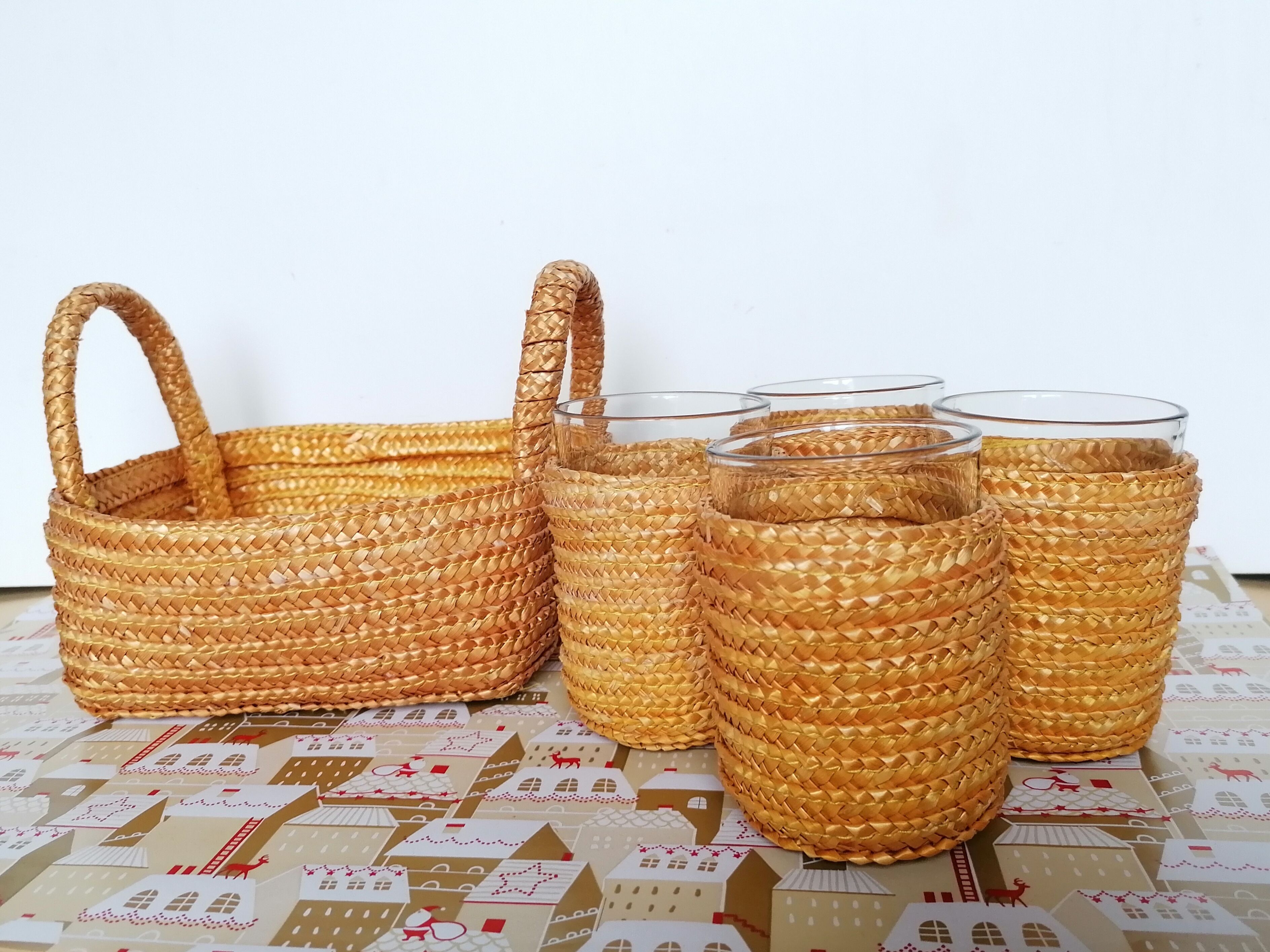 Basket and glass holder woven straw