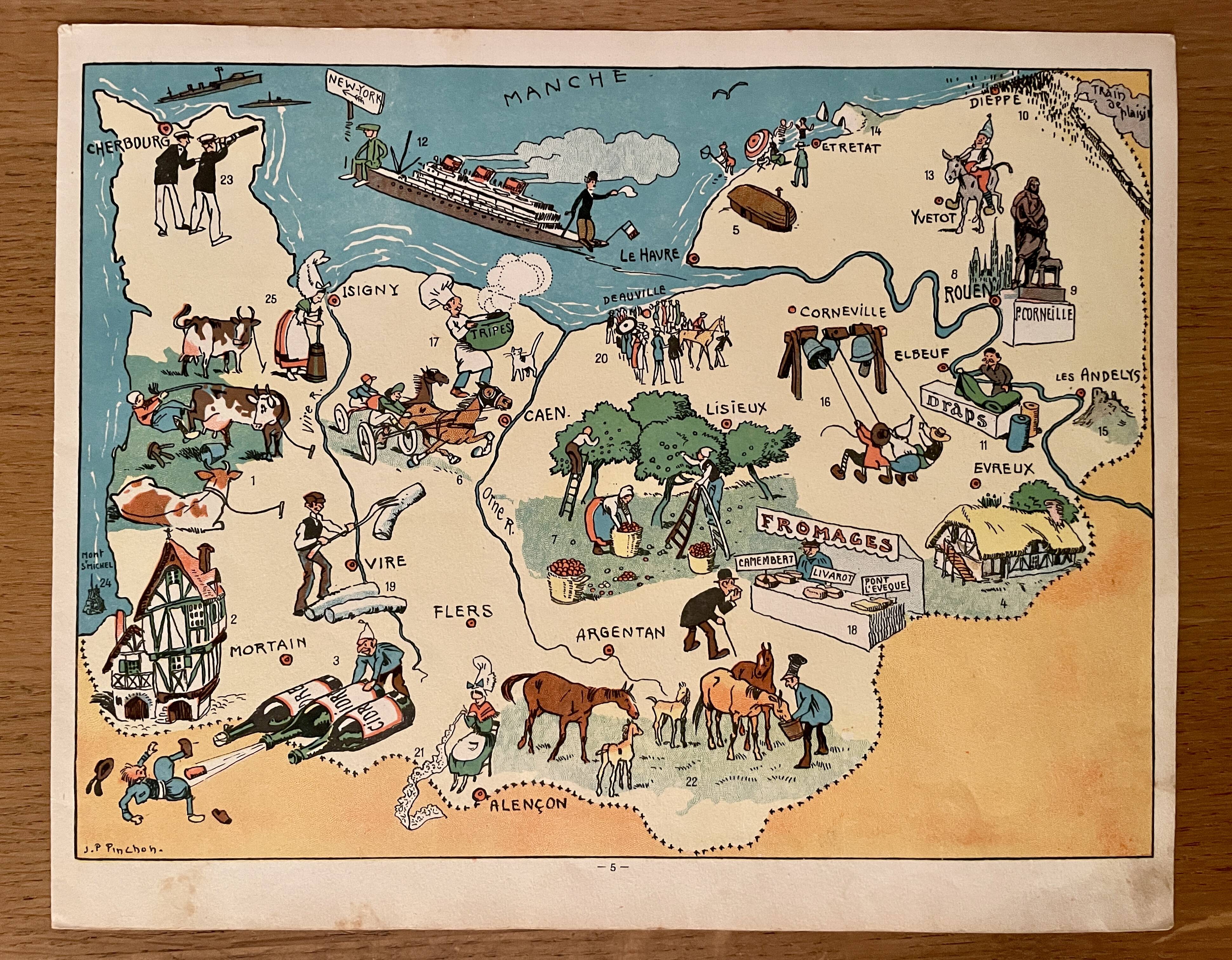 Old poster illustrated map of Normandy 1934 - JP Pinchon