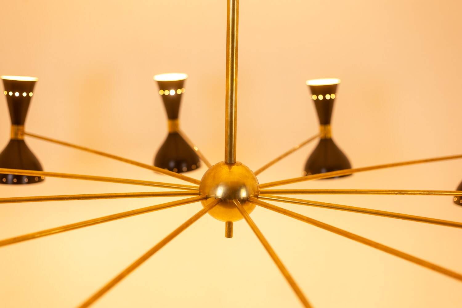 Black lacquered metal 12-arm light chandelier. Contemporary.