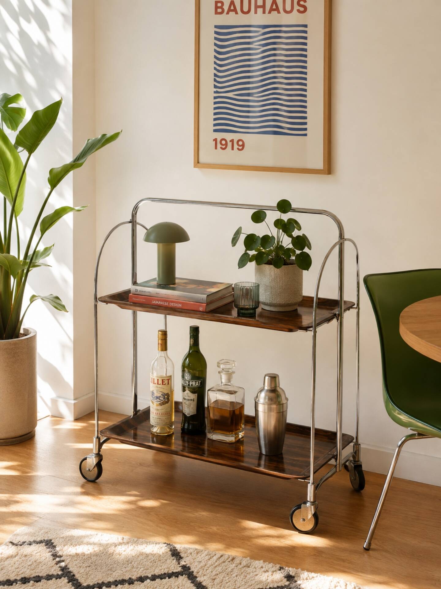 Desserte, mini bar ou chariot de service sur roulettes années 70