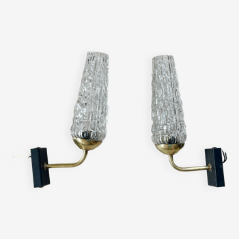 Pair of vintage glass and brass sconces