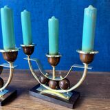 Pair of Art Deco candlesticks in brass and varnished wood, 1930s/1940s