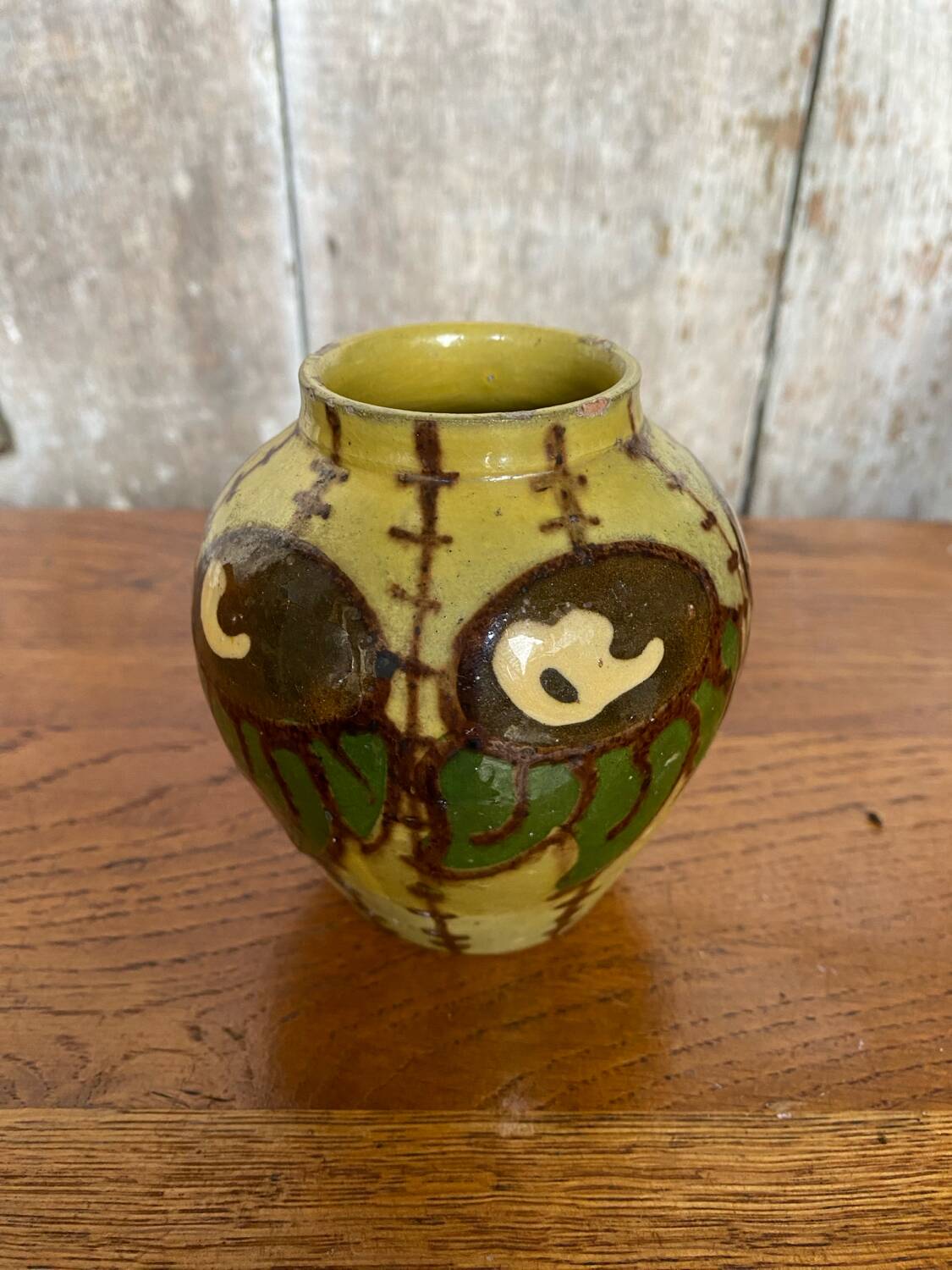 Antique yellow enameled terracotta vase painted decor made in france vintage