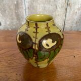 Antique yellow enameled terracotta vase painted decor made in france vintage