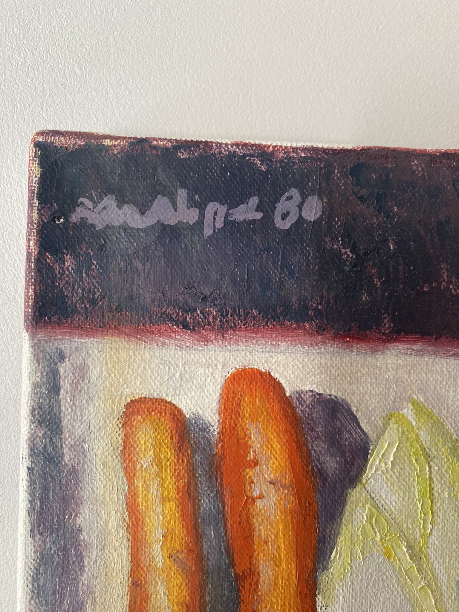 Old painting, still life with endive nuts and sausages, signed and dated 80
