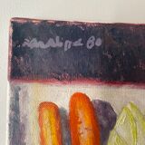 Old painting, still life with endive nuts and sausages, signed and dated 80
