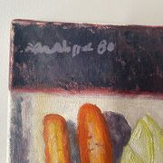 Old painting, still life with endive nuts and sausages, signed and dated 80