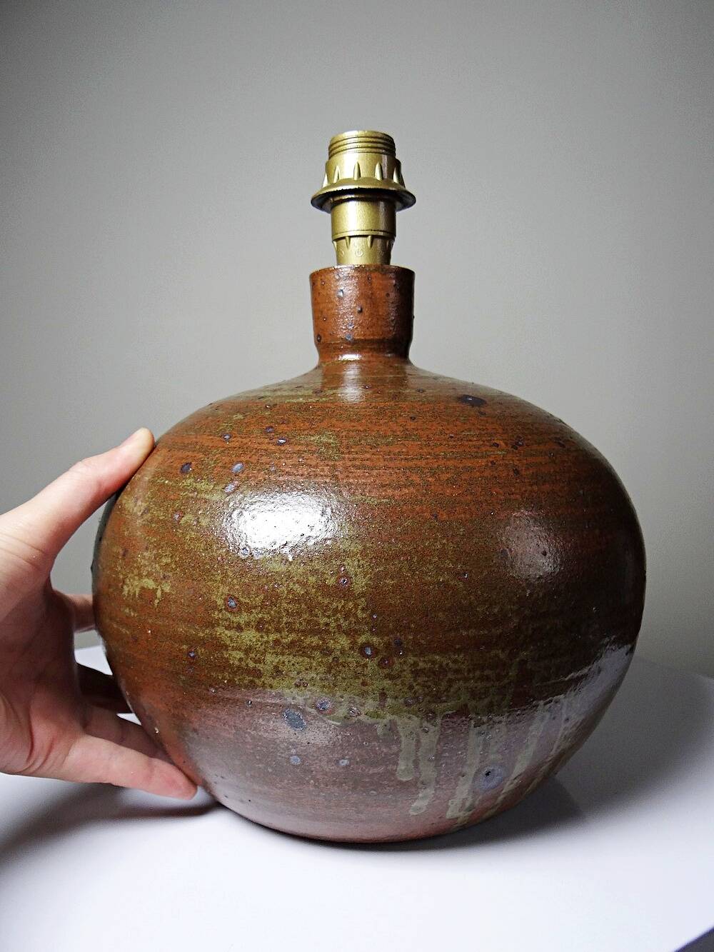 Grosse lampe boule grès pyrité émaillé vintage Baudat La Borne