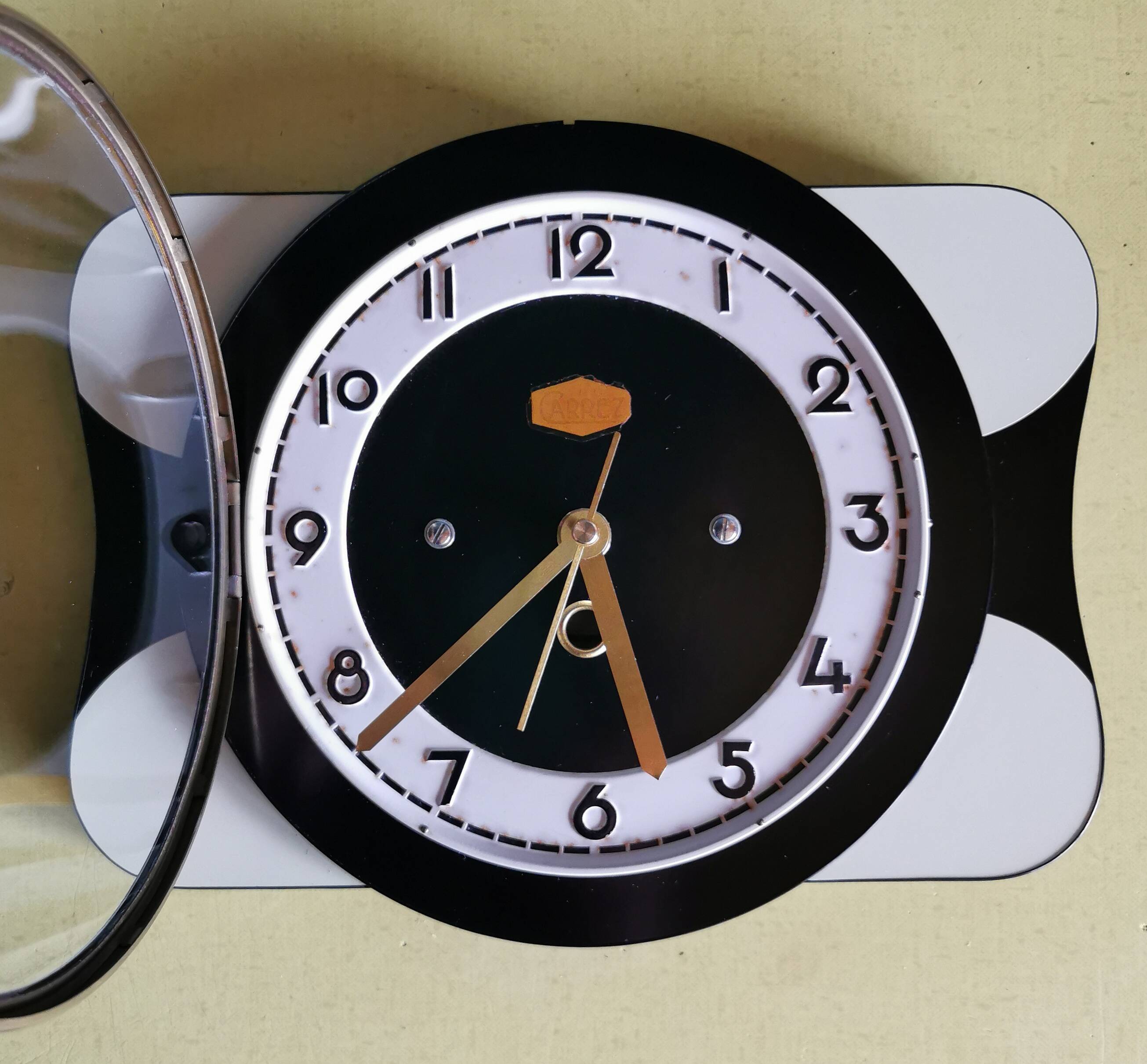 Vintage formica clock rectangular silent wall pendulum "Carrez black white"