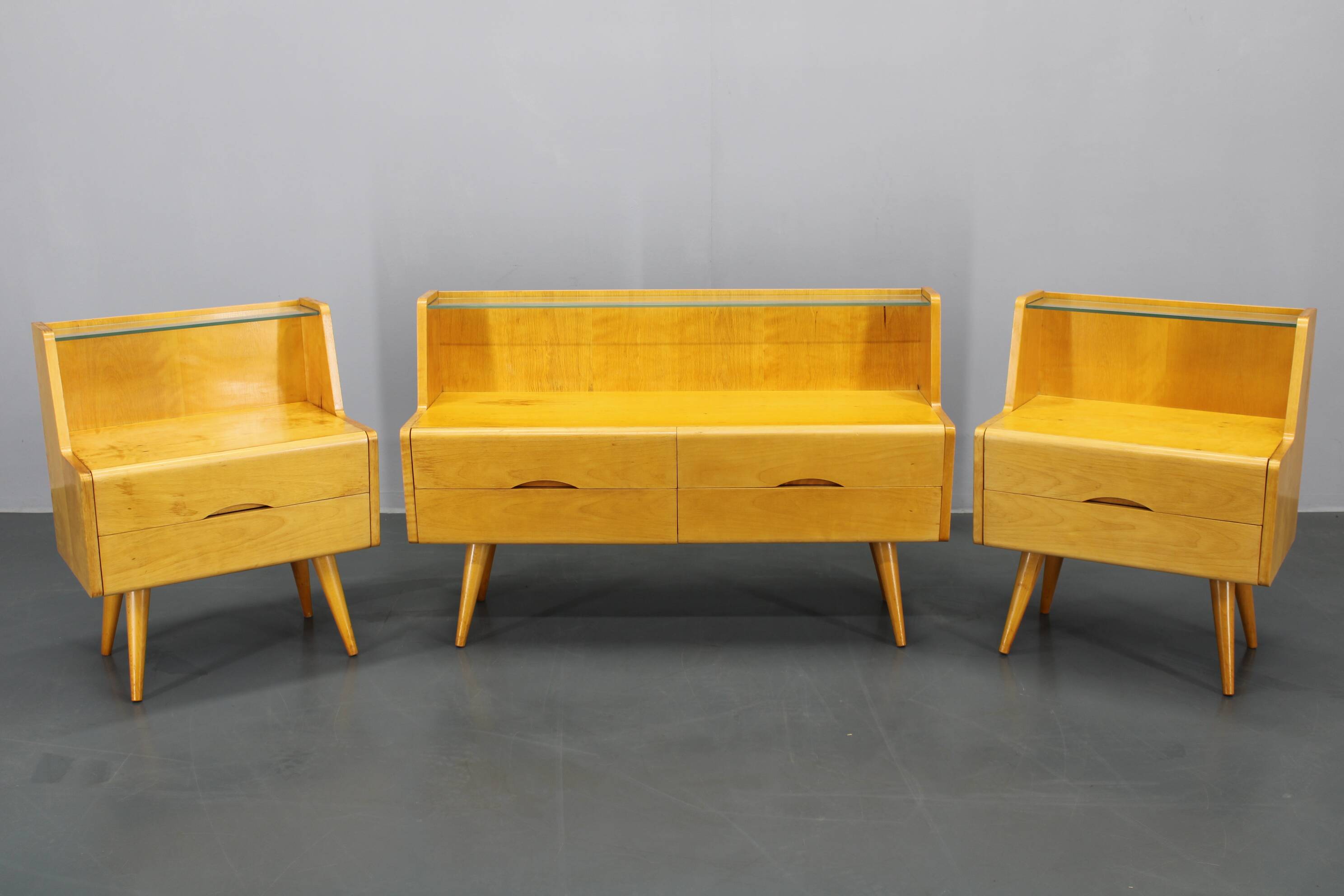 1960s Set of Night Stands and Chest of Drawers with Glass Shelf ,Czechoslov