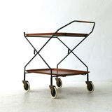 Mid-century modern foldable serving trolley with teak trays