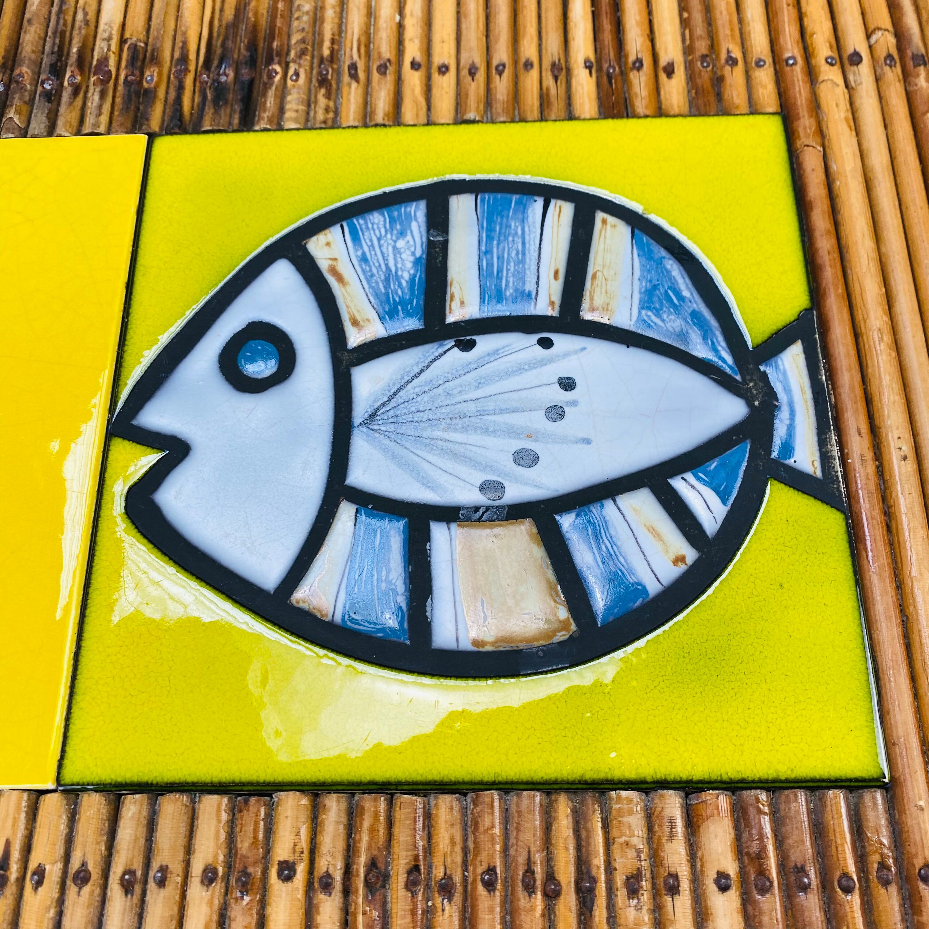 Roger Capron coffee table in ceramic and rattan, fish model