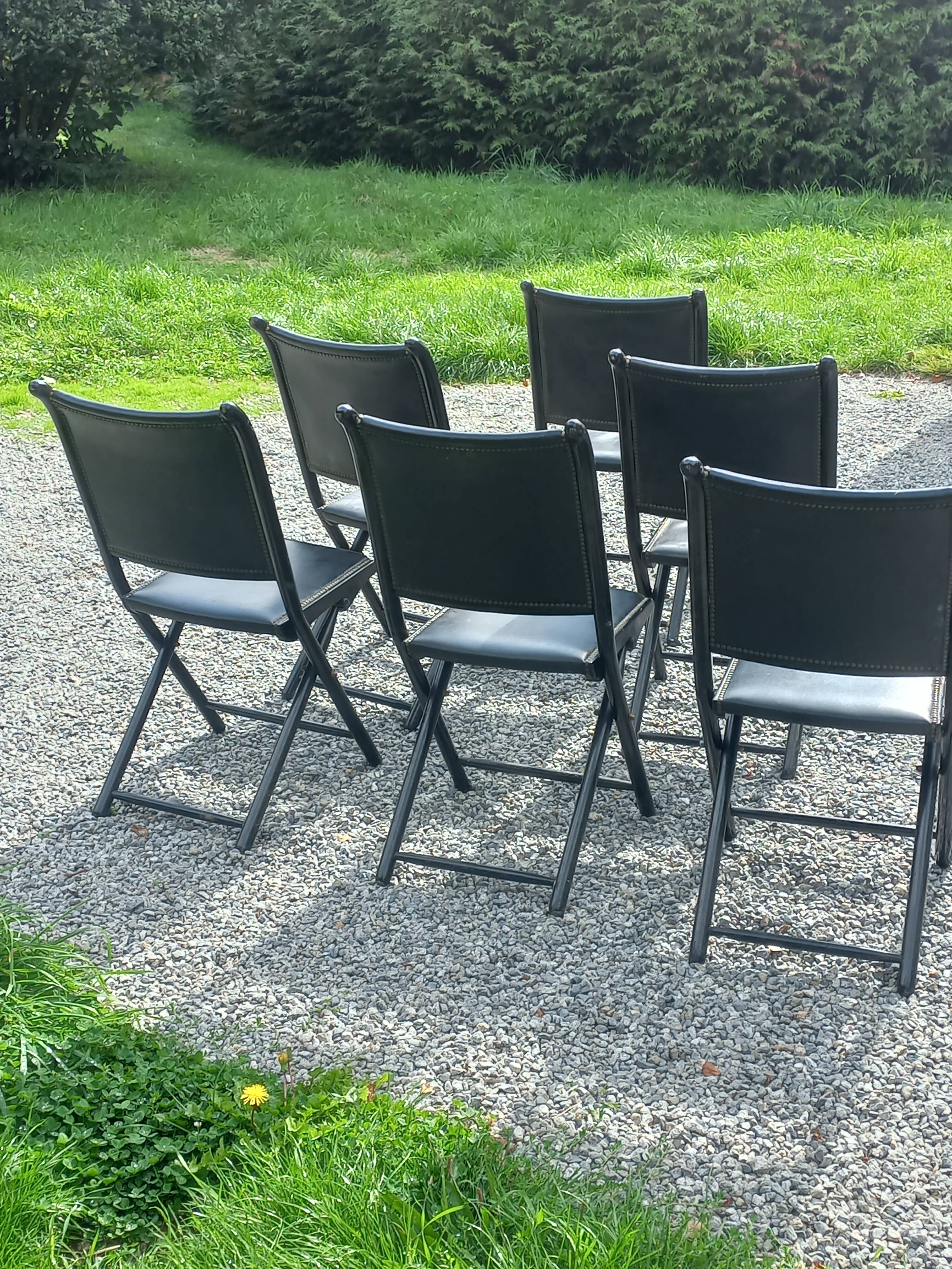 Set of 6 folding chairs, 70s design, 3 leather, 3 moleskin