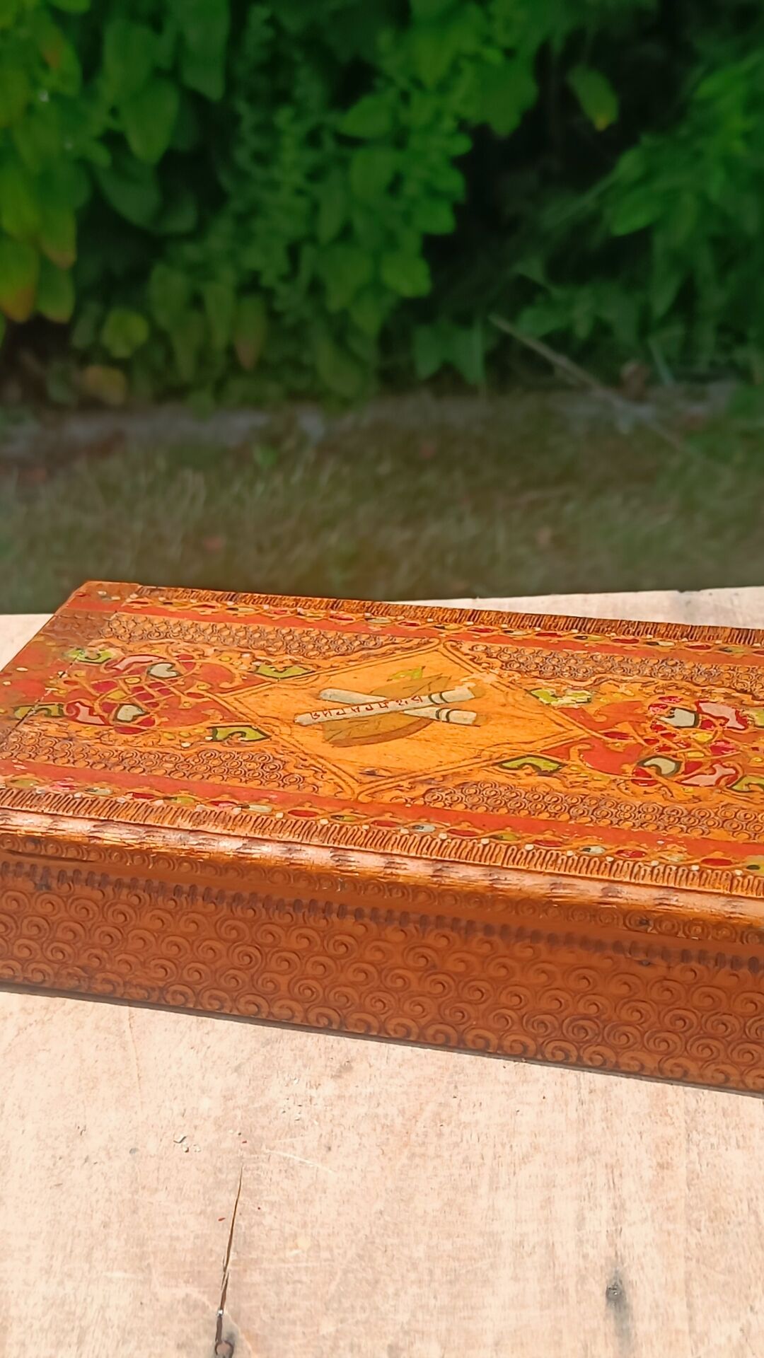 Bulgarian wooden cigarette box, pyrographed and hand-painted.