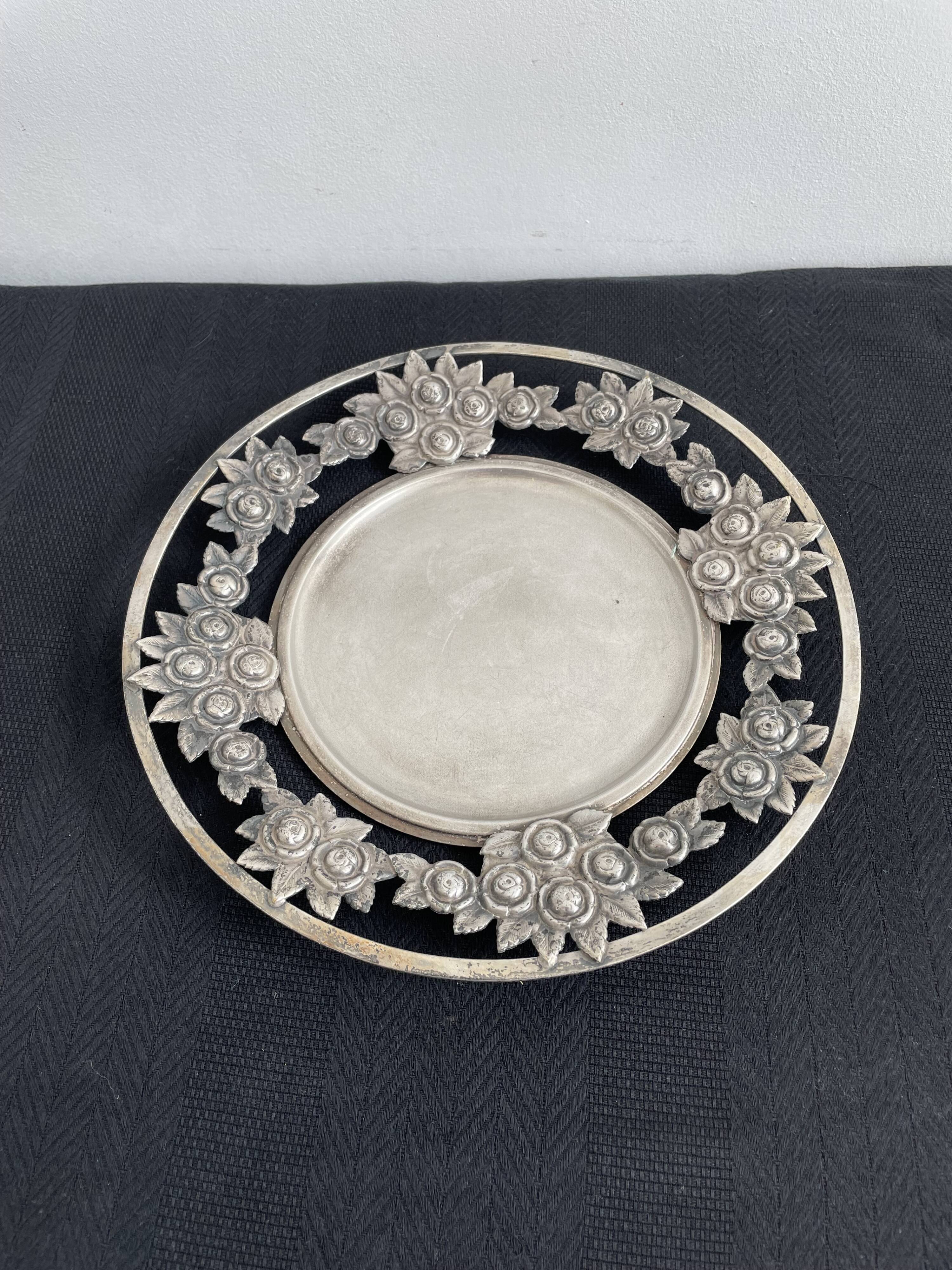 Vintage, round dish, silver metal, stylized leaf and rose decoration, French work, France