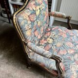 Louis XV style marquise in black and gold wood and jacquard, Napoléon III period.