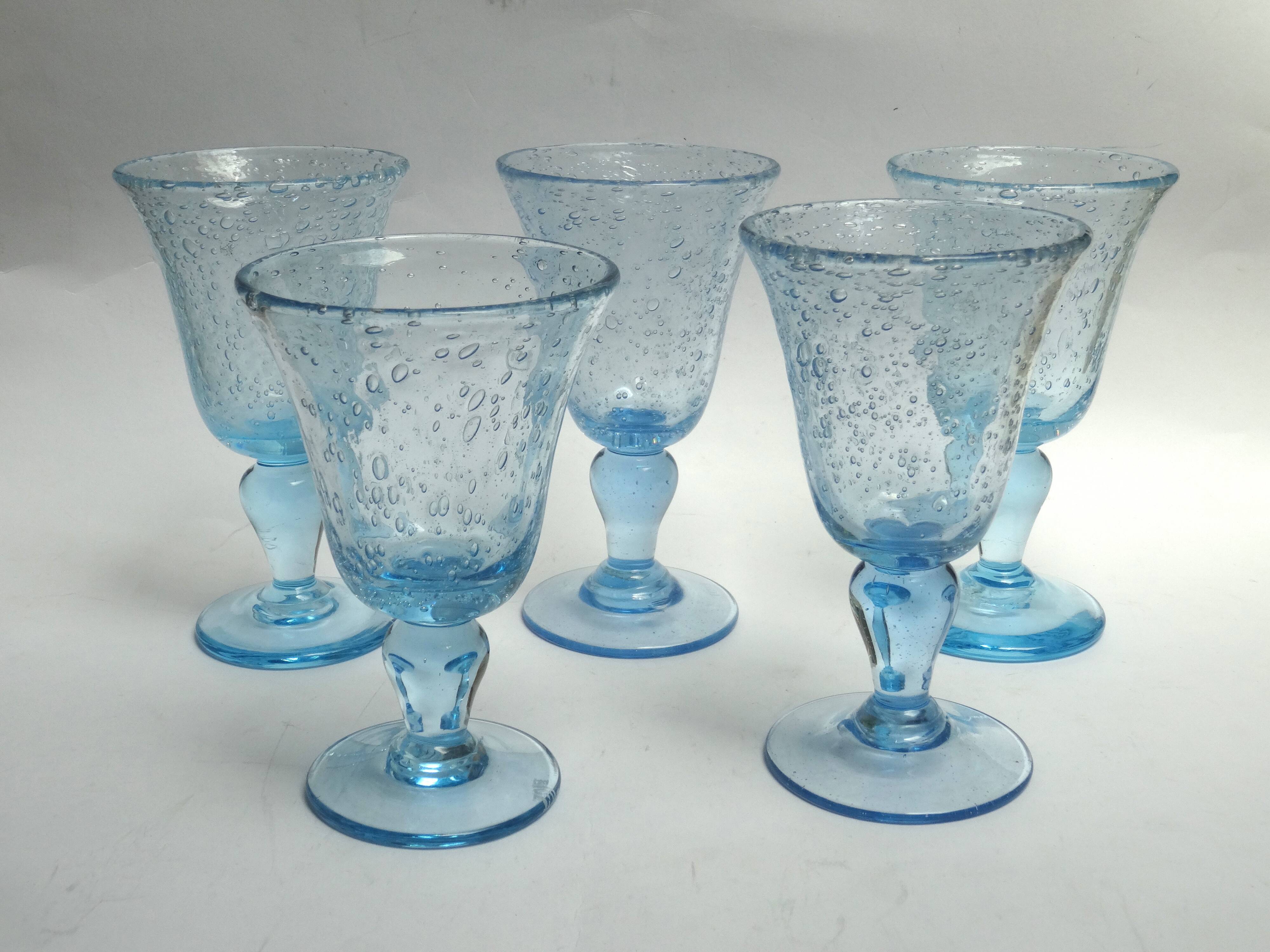 5 glasses with blue Biot stemmed