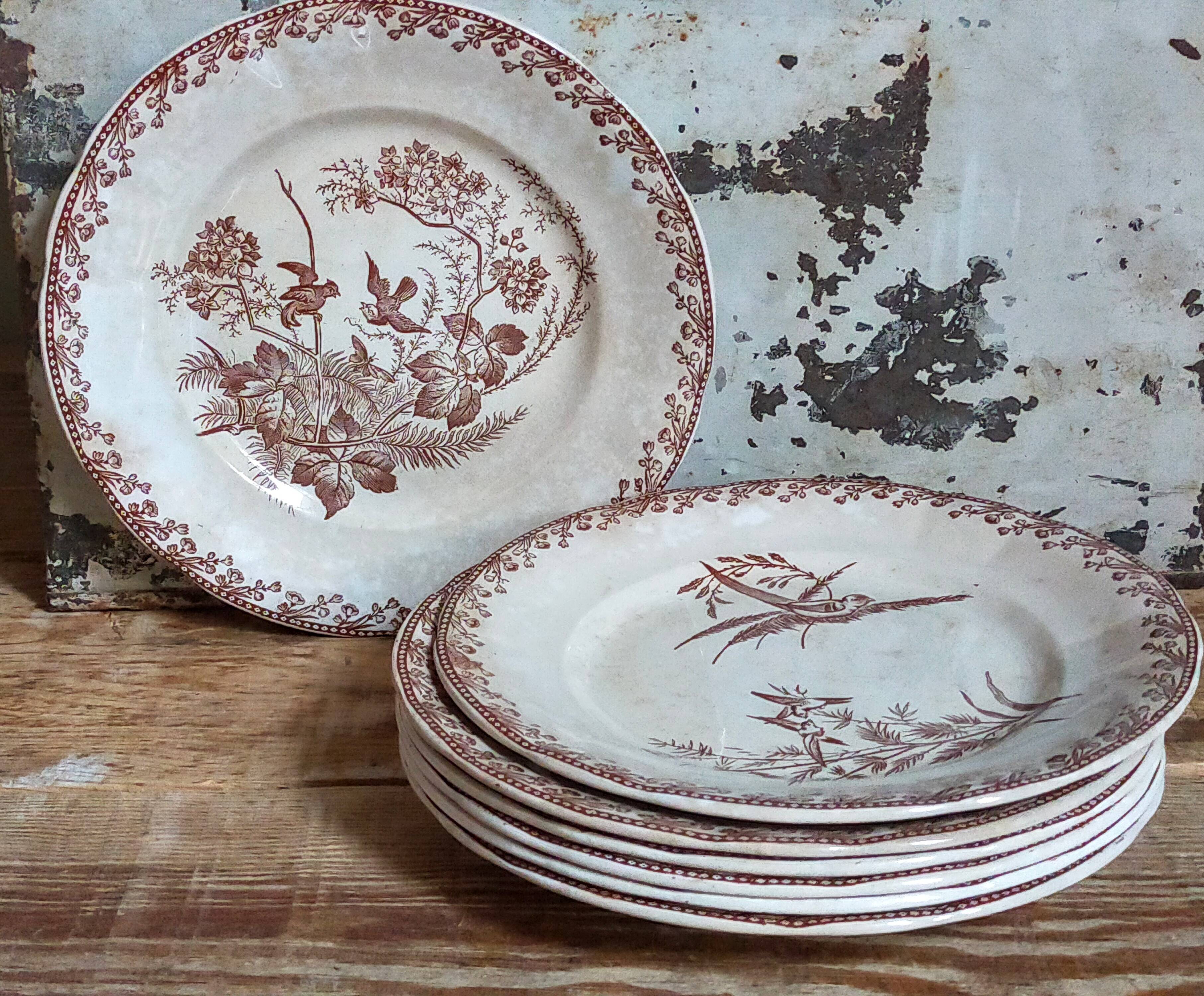 Seven iron earth dessert plates with birds ffPexonne late 19th century