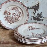 Sept assiettes à dessert terre de fer aux oiseaux f.f.Pexonne fin XIX ème