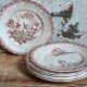 Sept assiettes à dessert terre de fer aux oiseaux f.f.Pexonne fin XIX ème