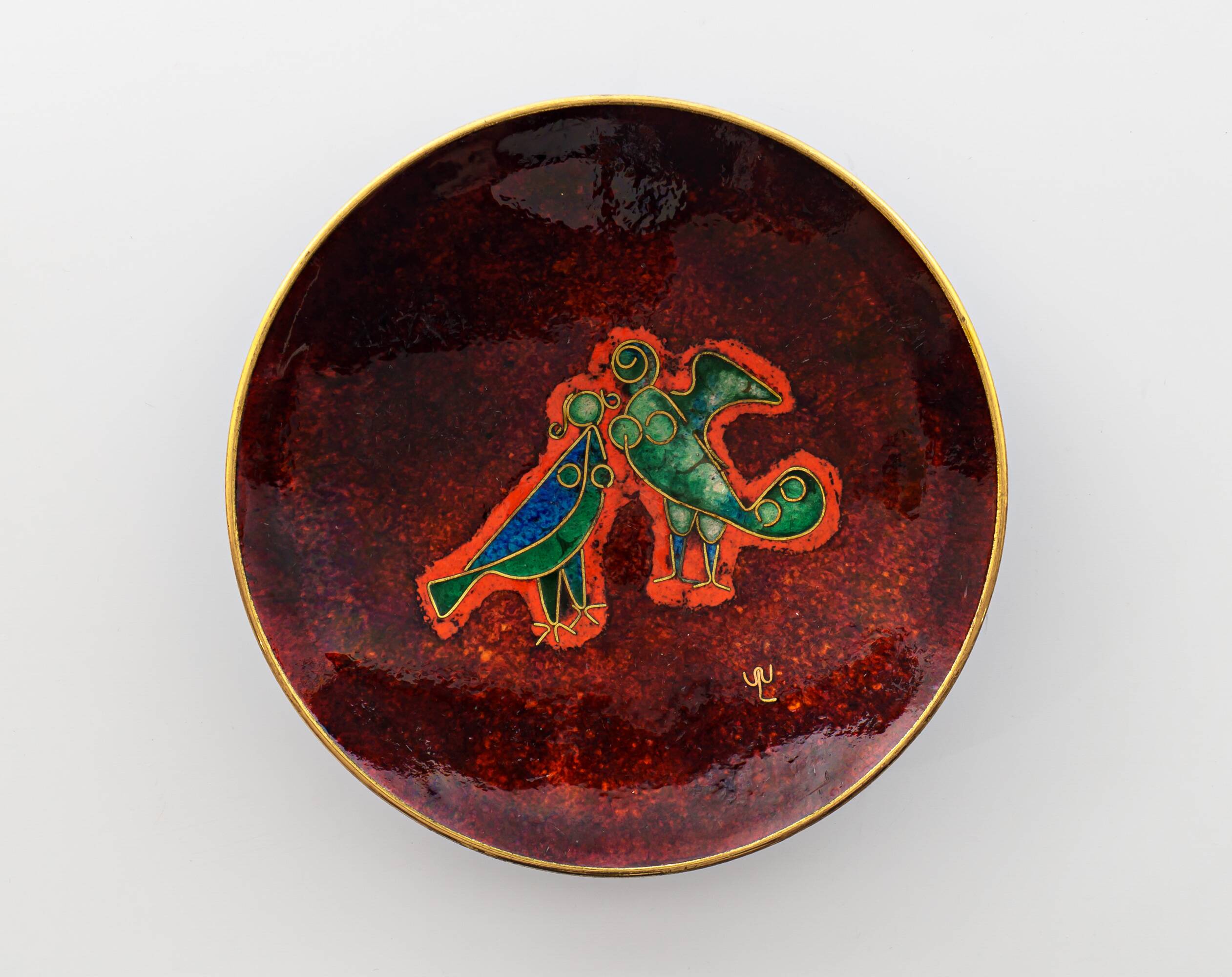 Vintage 1970s Walter Lochmuller Abstract Birds Cloisonne Red Enamel Dish
