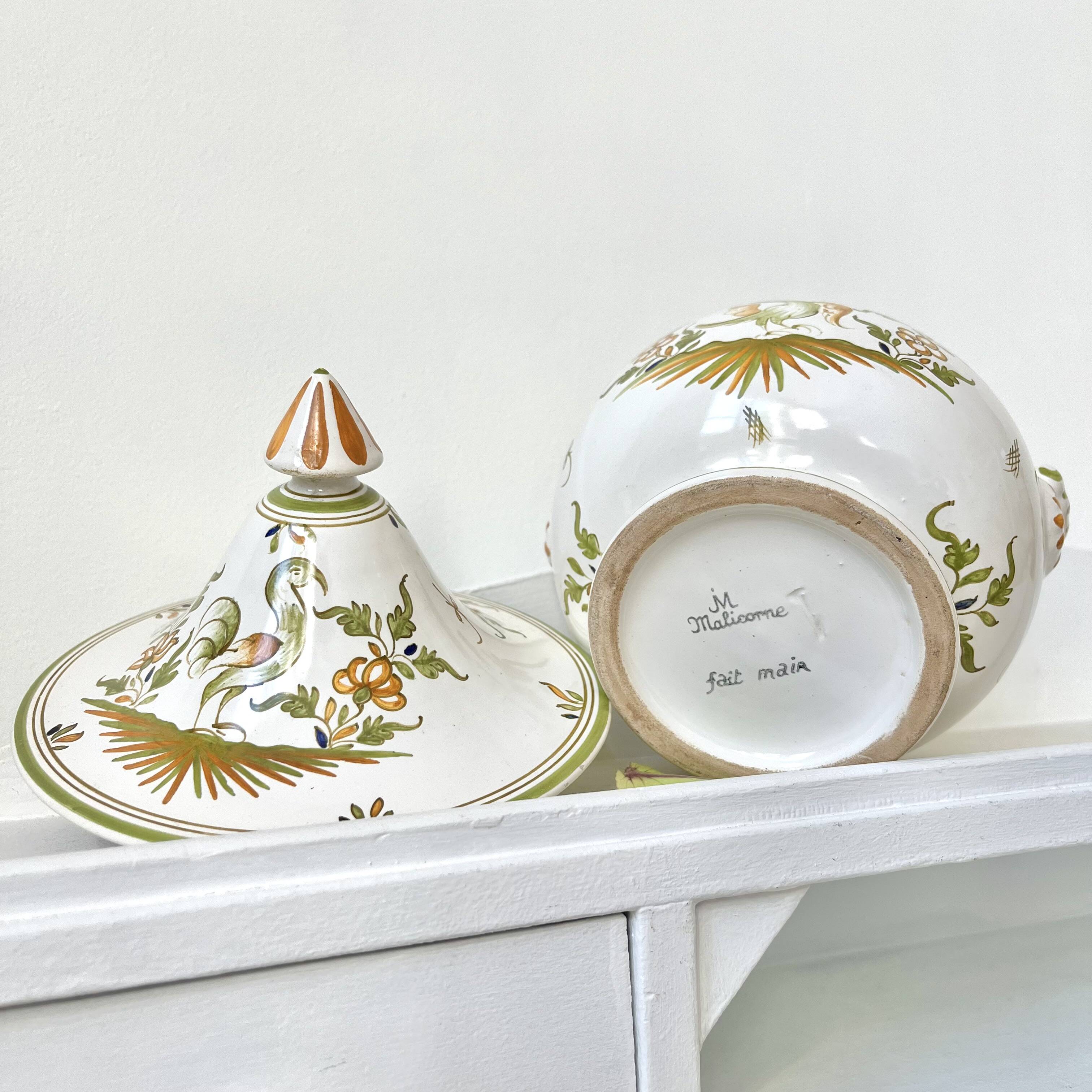 Covered candy jar signed M Malicorne, Moustiers decor