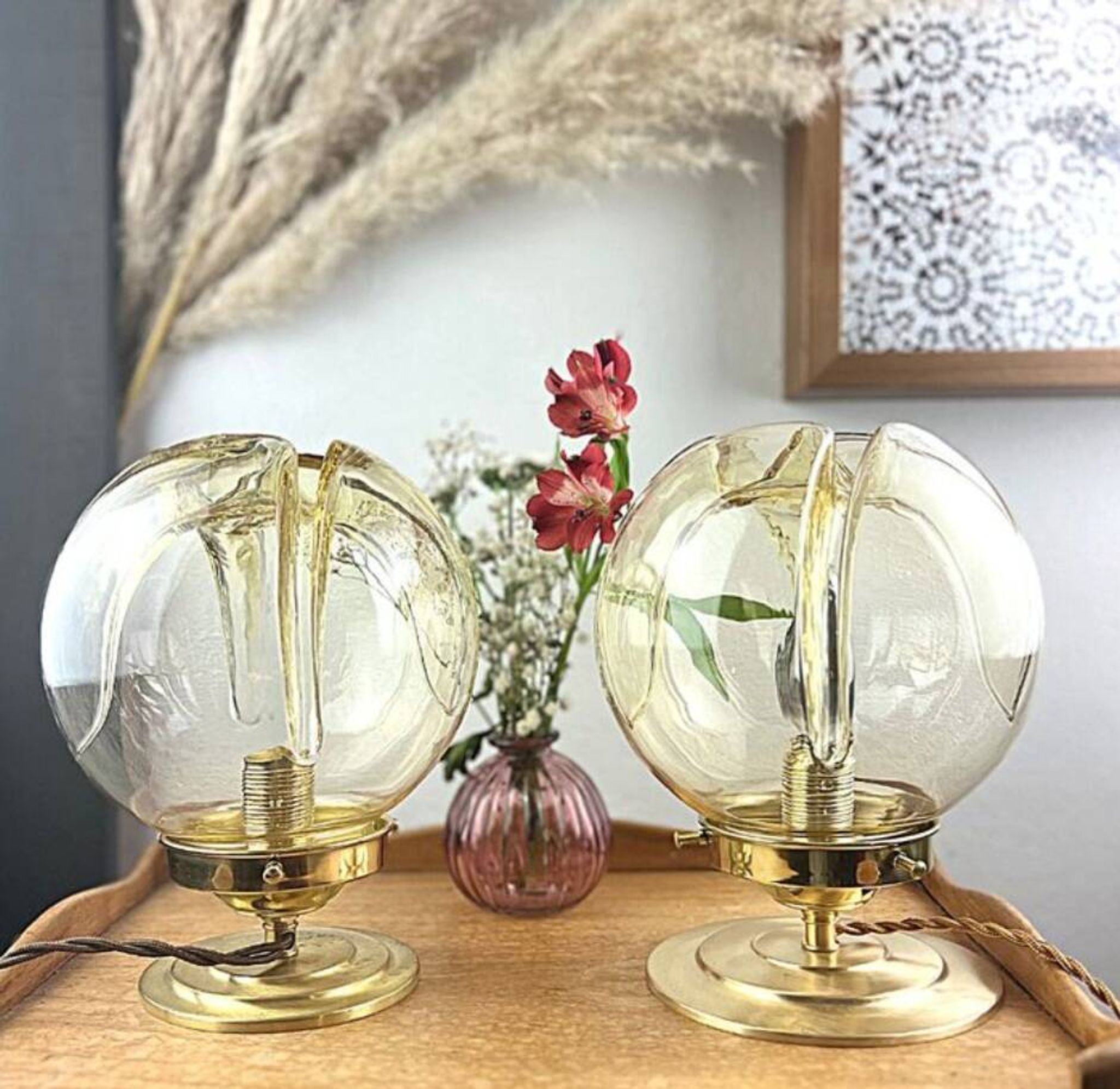 Pair of vintage smoked yellow Murano glass lamps