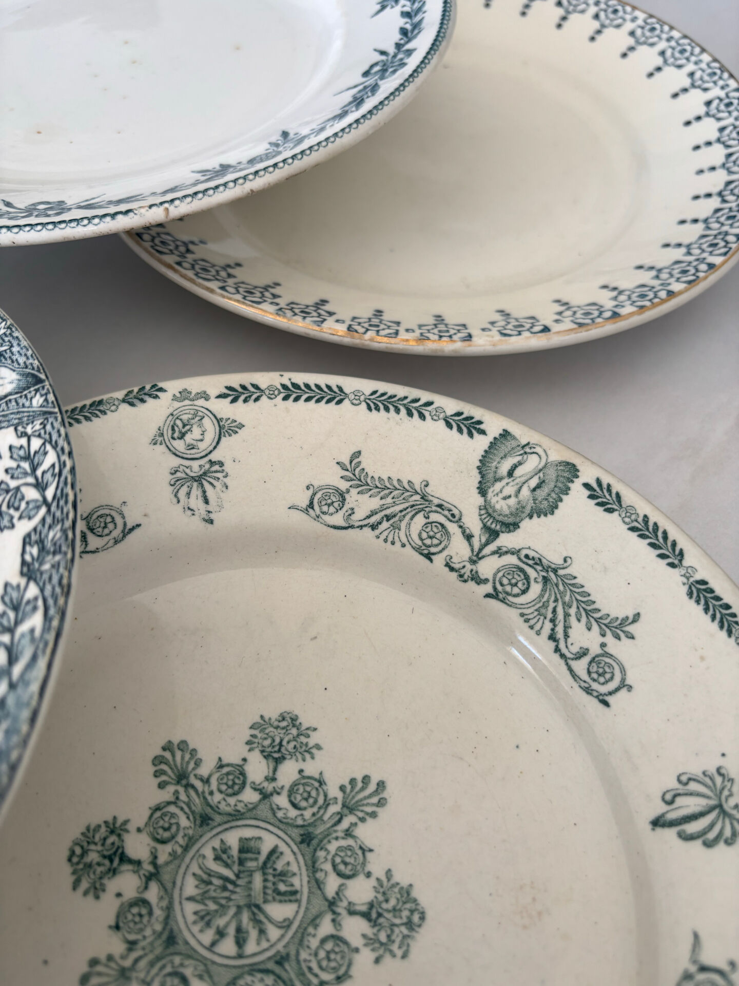Lot of 6 blue-green ironstone dessert plates, French faience.