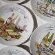 Porcelain cheese platter with 6 matching plates.