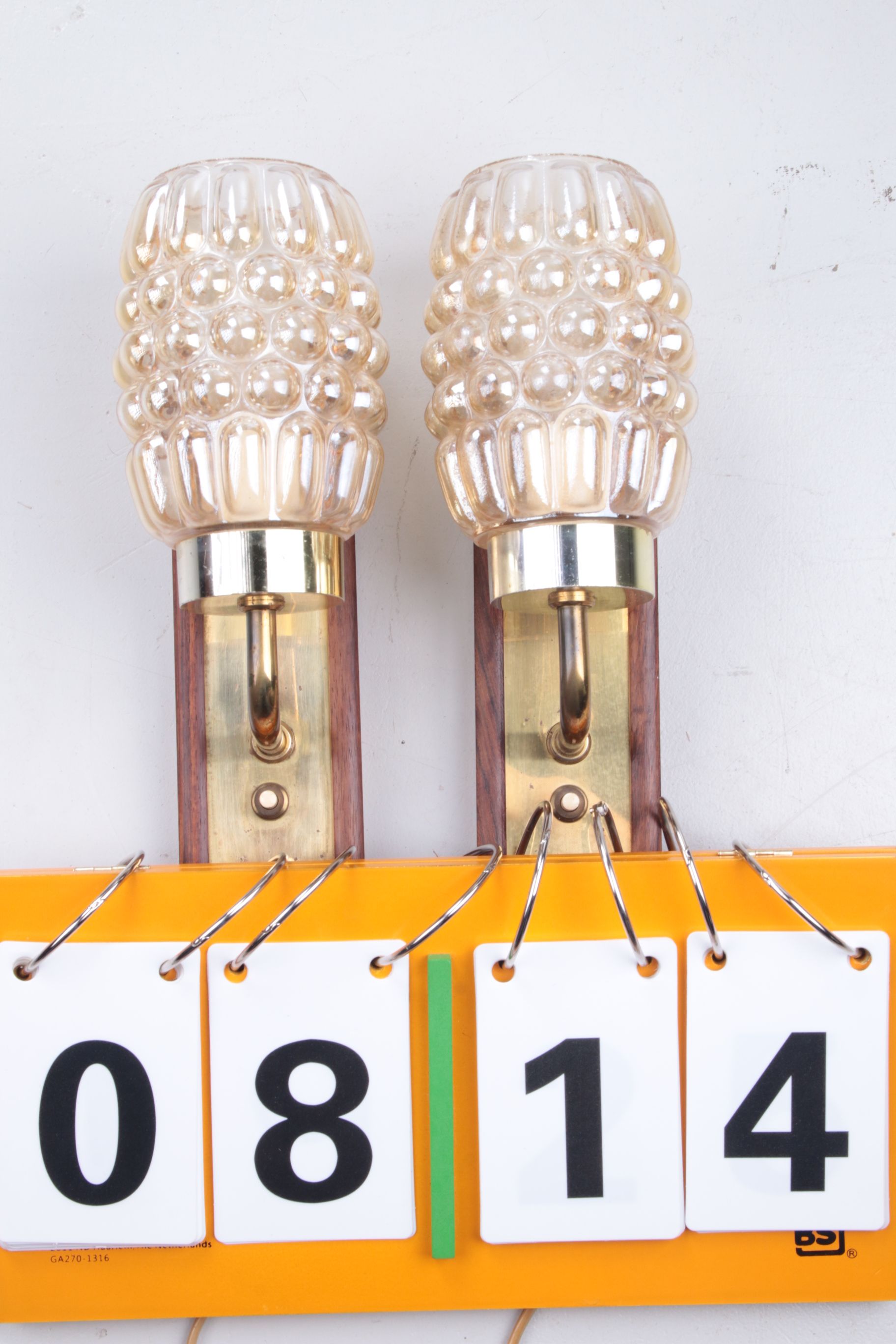 Set Wall lamps Danish teak with brass and glass.
