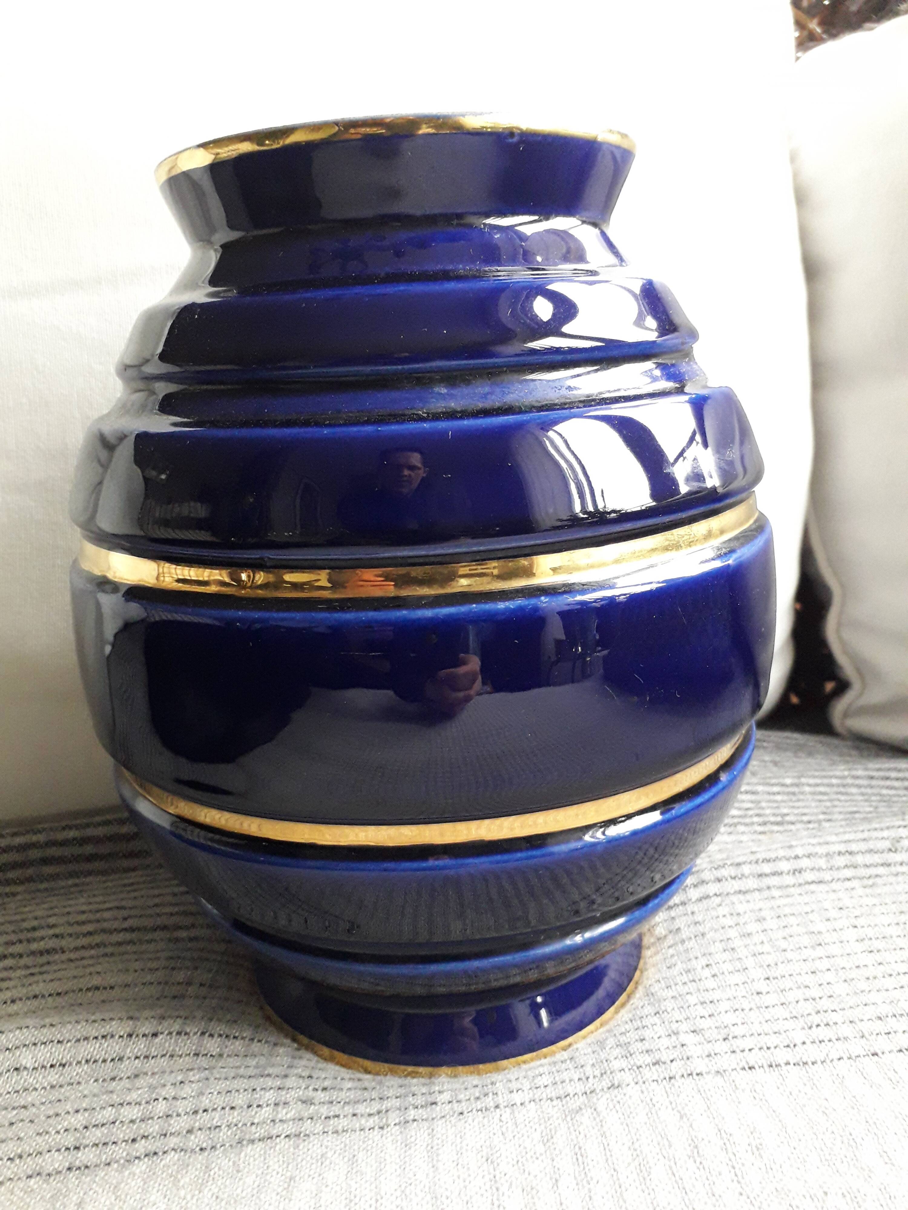 Large vintage blue and gold ceramic vase