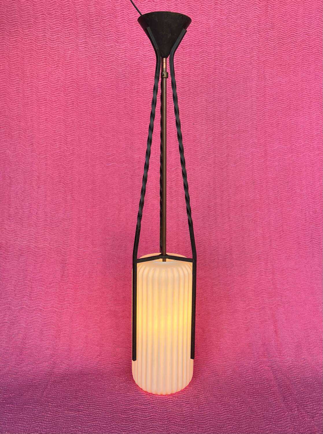 LAMP/IRON SUSPENSION FORGED OPAQUE WHITE GLASS CYLINDRICAL TUBE