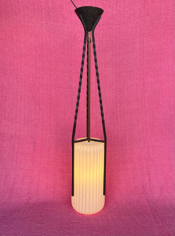 LUSTRE/SUSPENSION FER FORGE VERRE OPAQUE BLANC TUBE CYLINDRIQUE