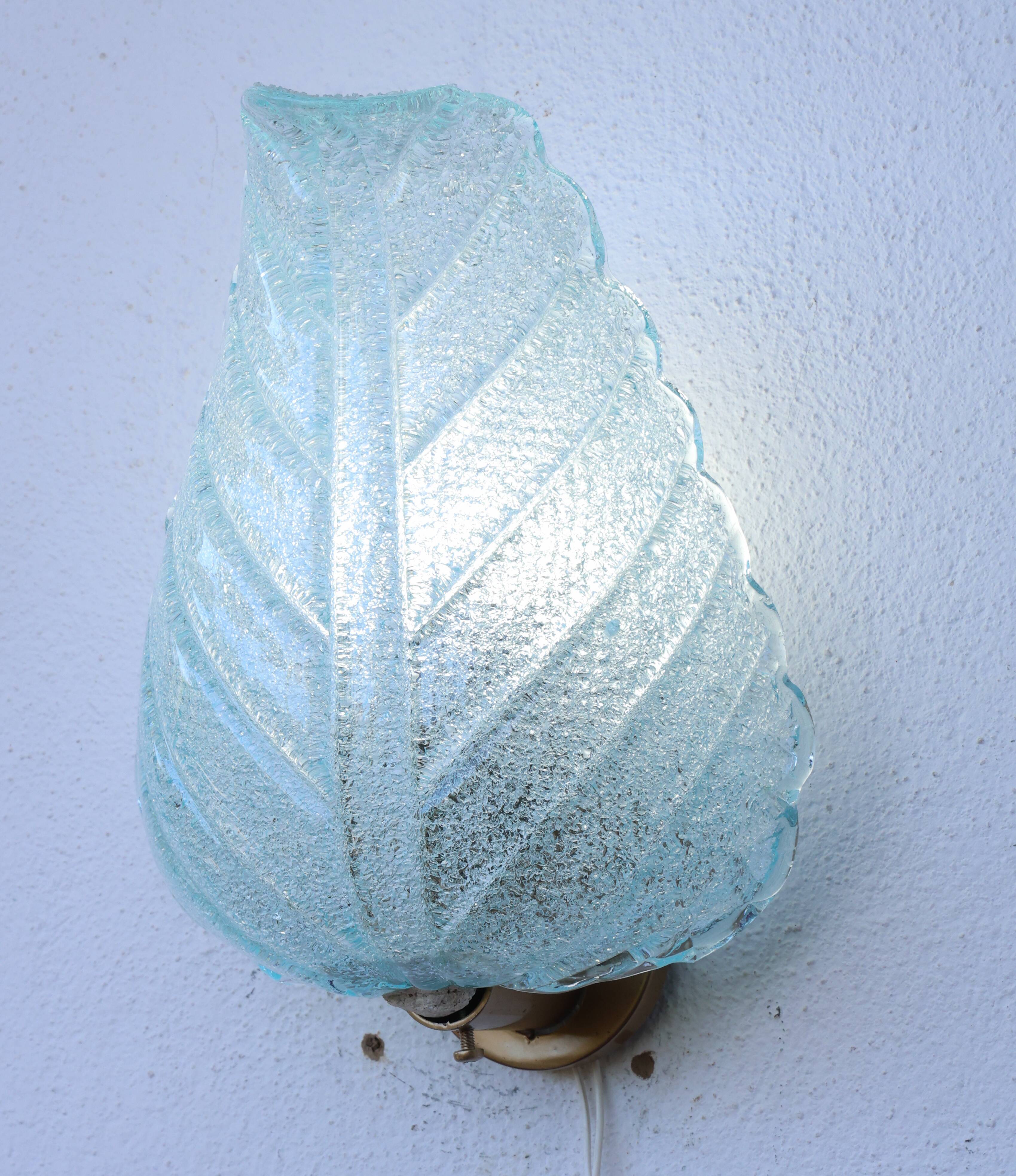 Set of 2 Wall Light Blu colour Murano Glass Leave by Barovier e Toso, 1950s