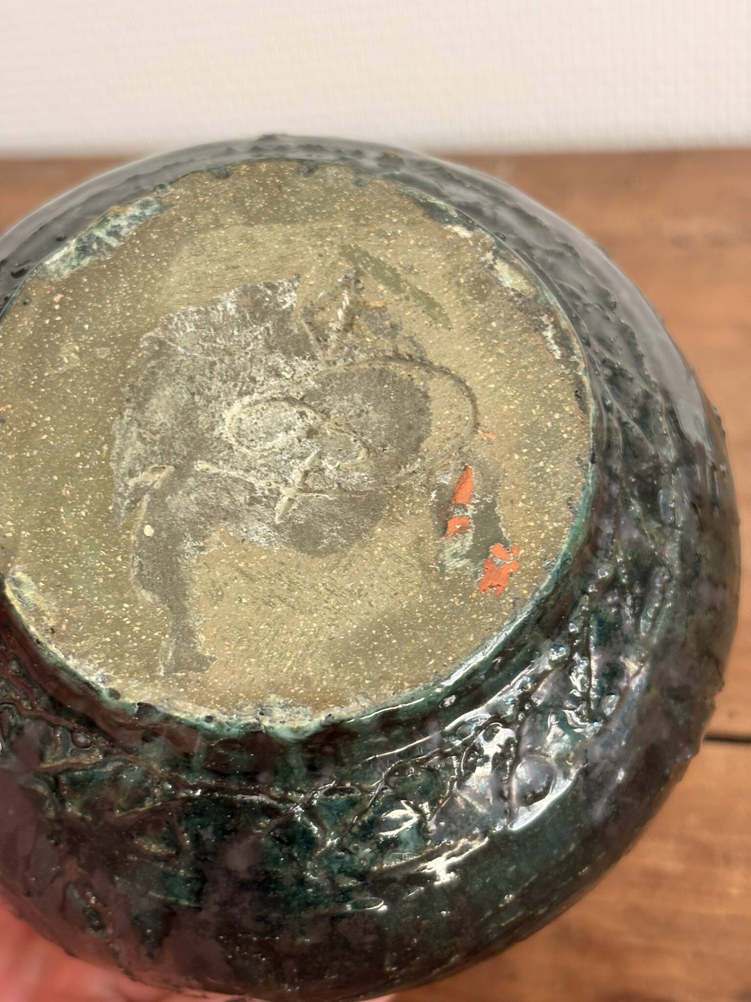 Glazed Engraved Bowl Vase with Geometric Flowers, Popular Art from the 50s