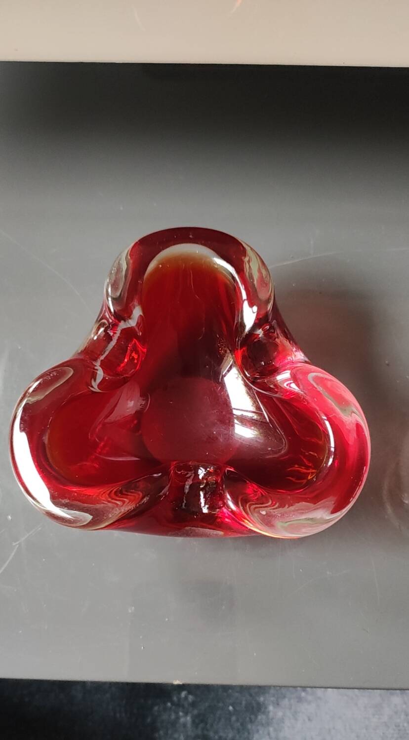 Murano Sommerso Ashtray/Vide Poche. Amber Iridescent Red Glass