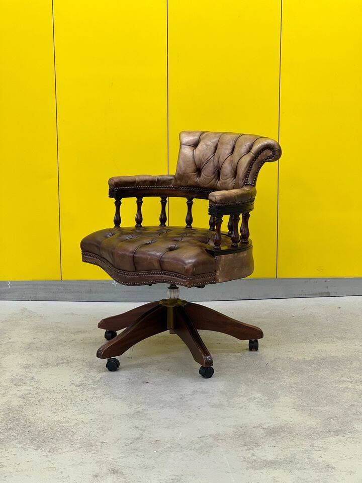 Vintage Chesterfield Revolving Captain's Chair with Brow Leather Upholstery