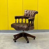 Vintage Chesterfield Revolving Captain's Chair with Brow Leather Upholstery