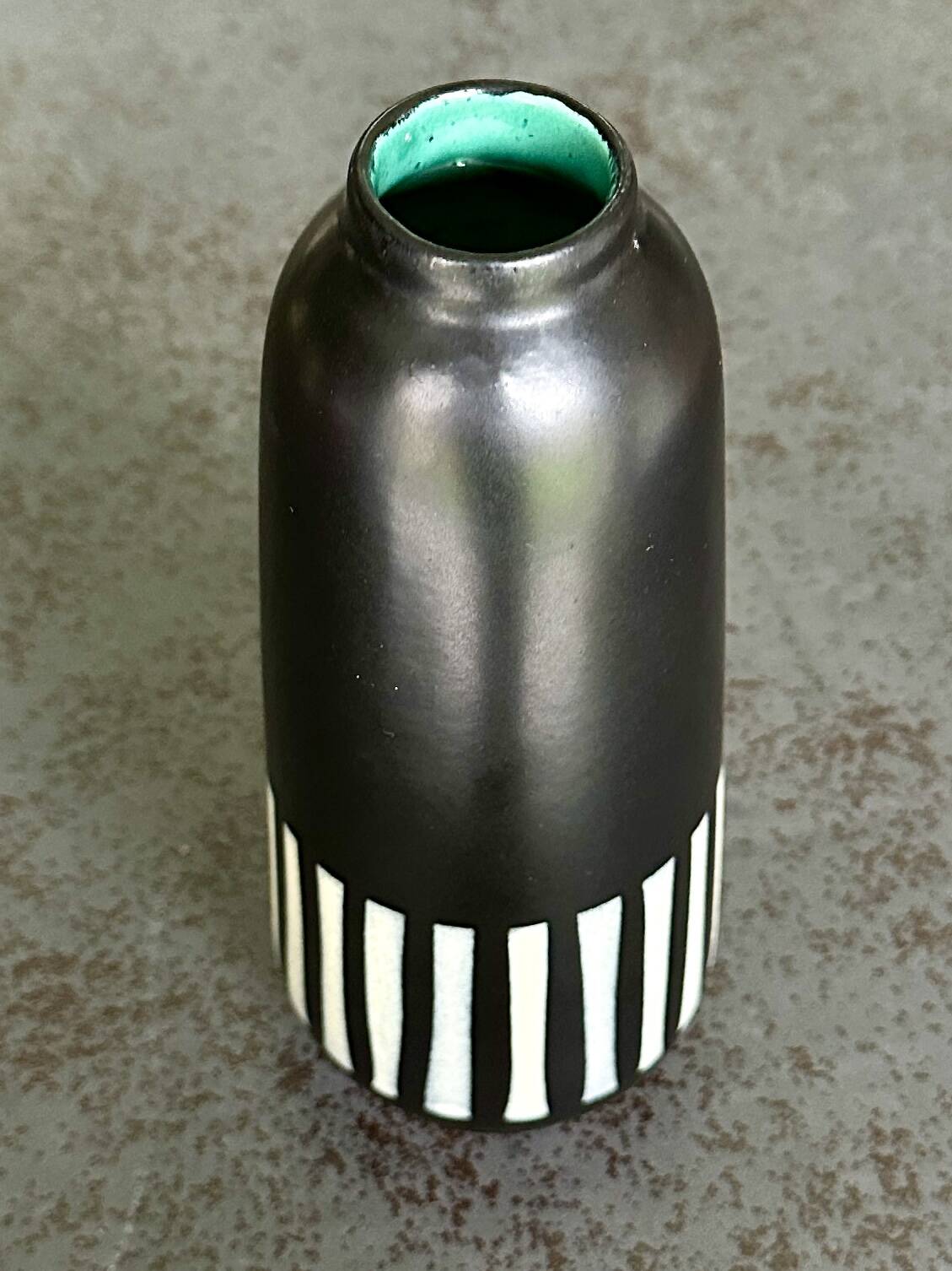 Upsala Ekeby Ceramic Vase – Black with Striped Pattern – Turquoise Interior –