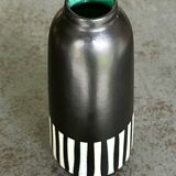 Upsala Ekeby Ceramic Vase – Black with Striped Pattern – Turquoise Interior –