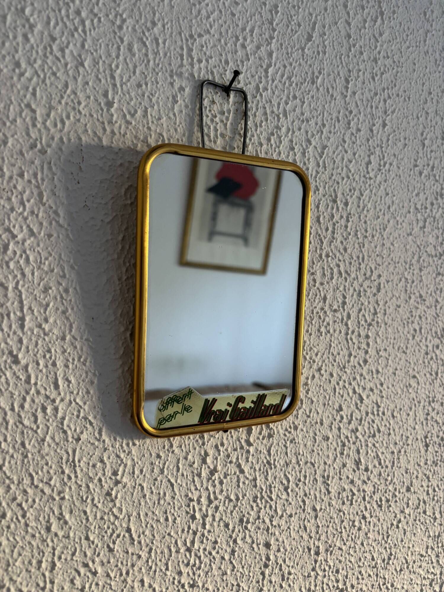 Vintage 1960 barber mirror, shaving or travel, gold and blue - 16 x 11 cm