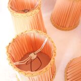 5 lampshades with clips for chandelier, 60s, pleated taffetas peach and golden trimmings