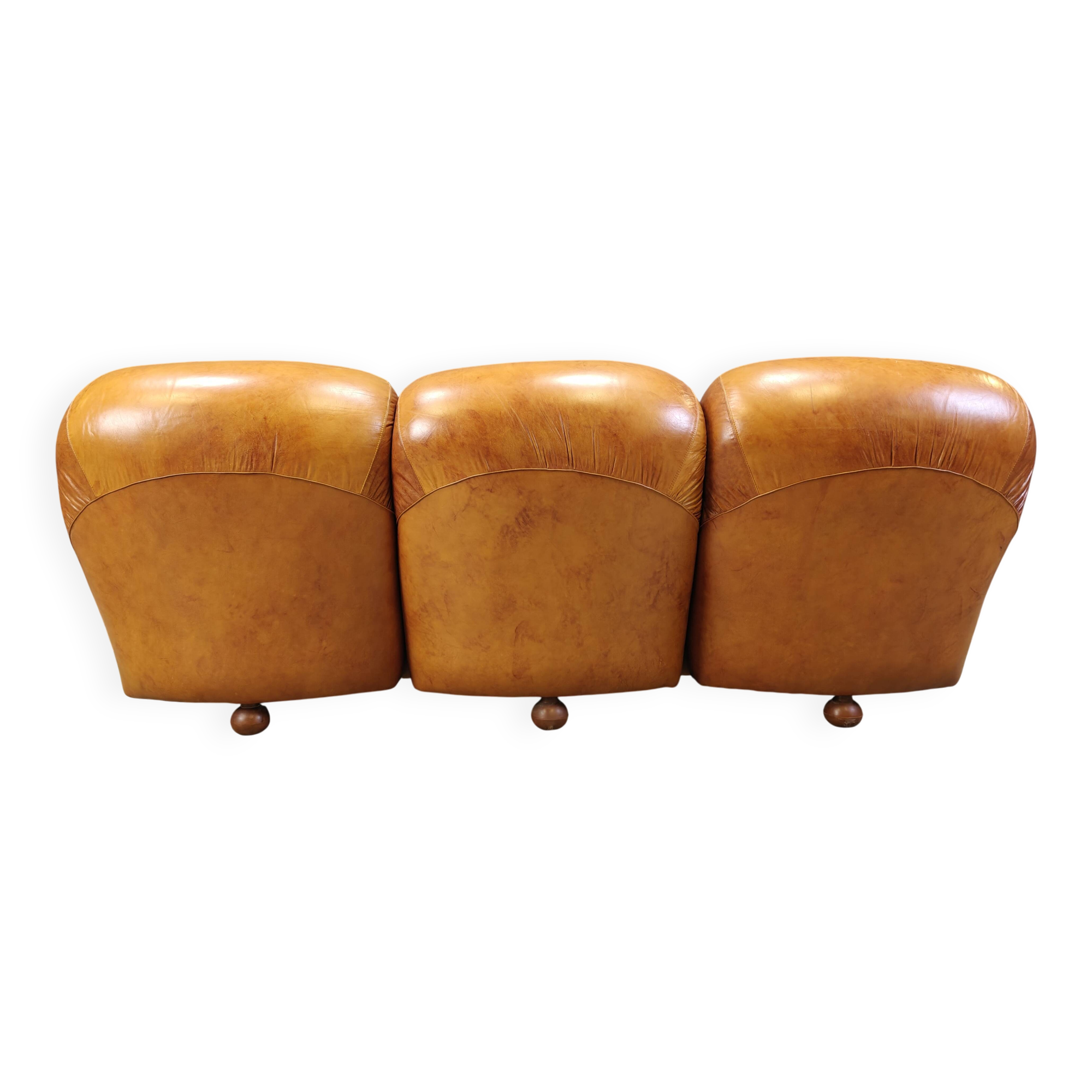 Mid century italian leather 3 seater sofa , 1970s