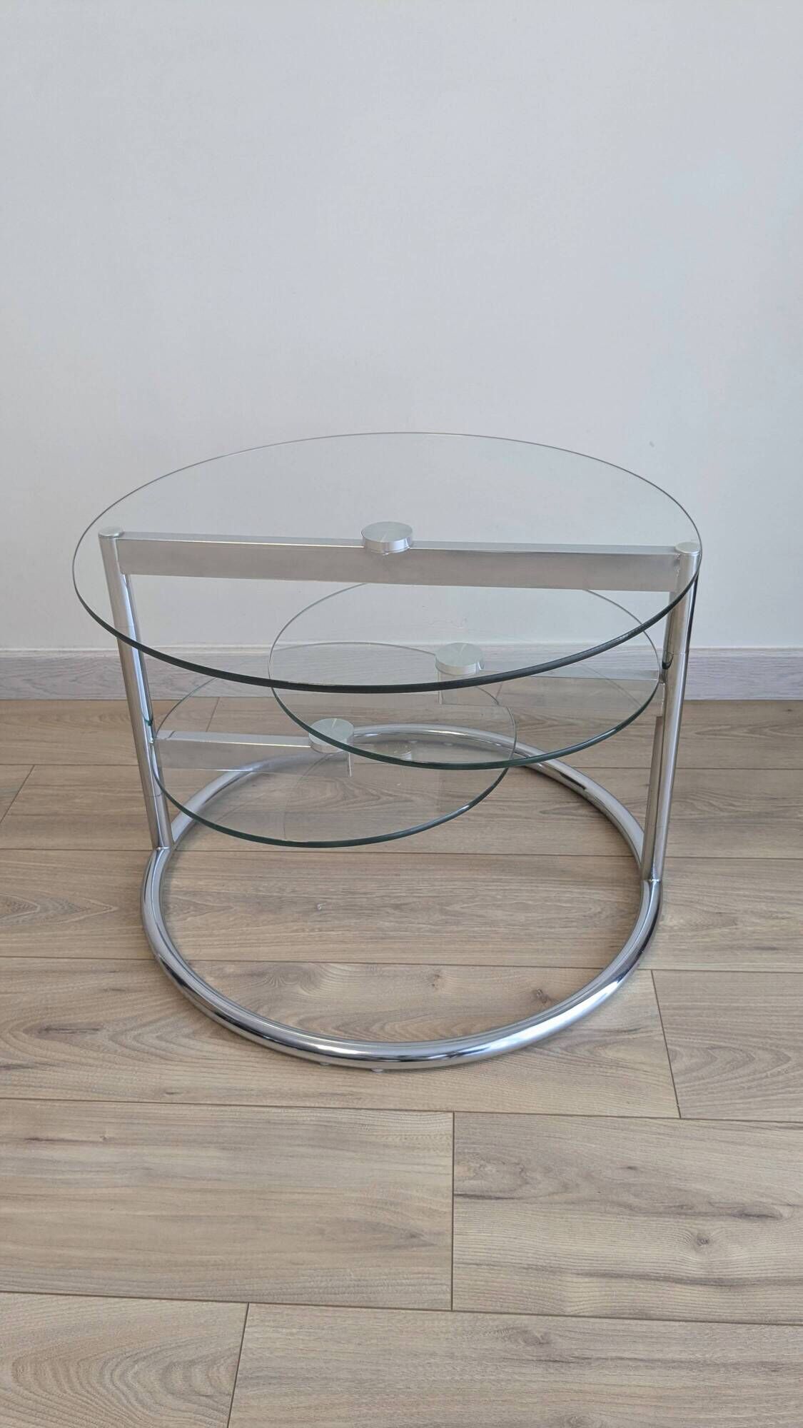 Vintage swivel coffee table with 3 glass and chrome trays – 1980s