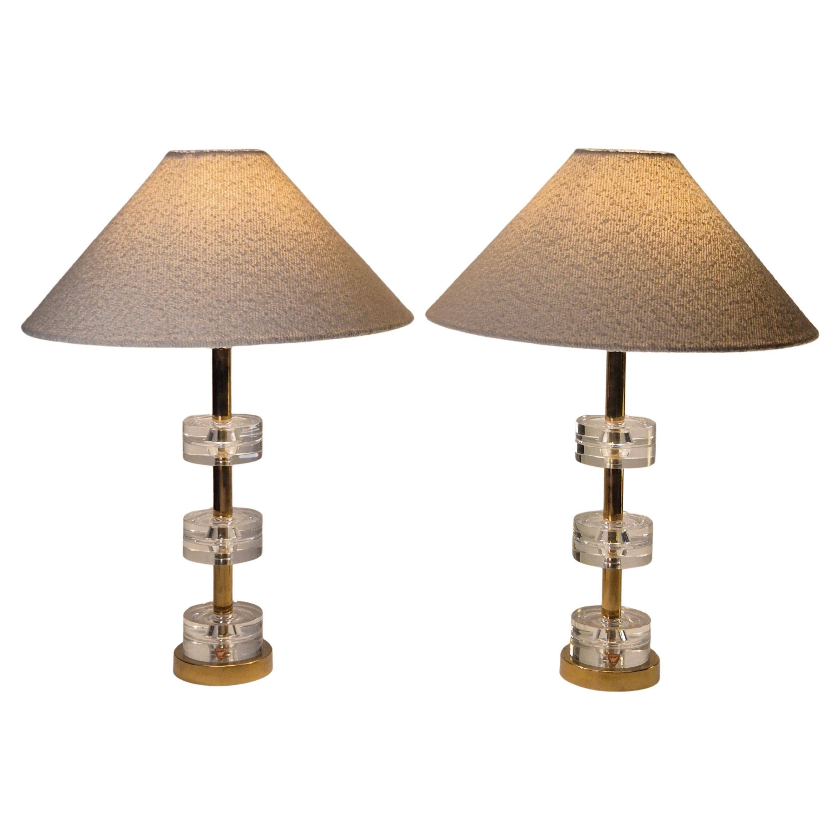 Timeless pair of Scandinavian Modern table lamps with Orrefors glass and brass