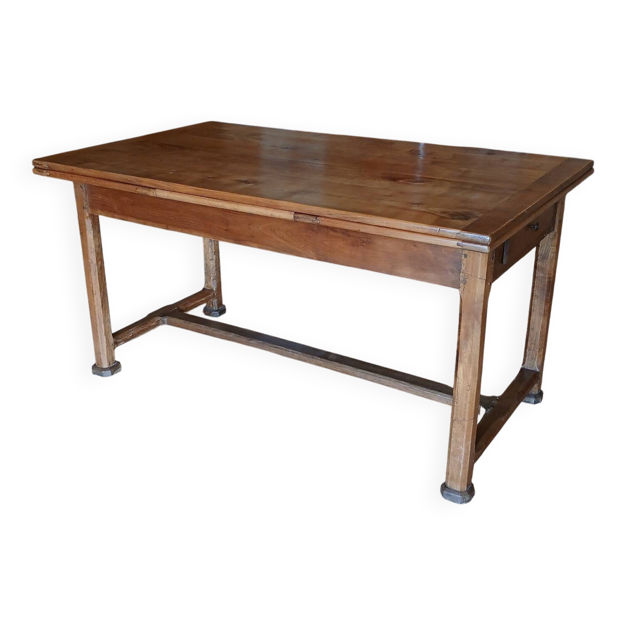 Elm farmhouse table with extensions for 6 to 10 people.