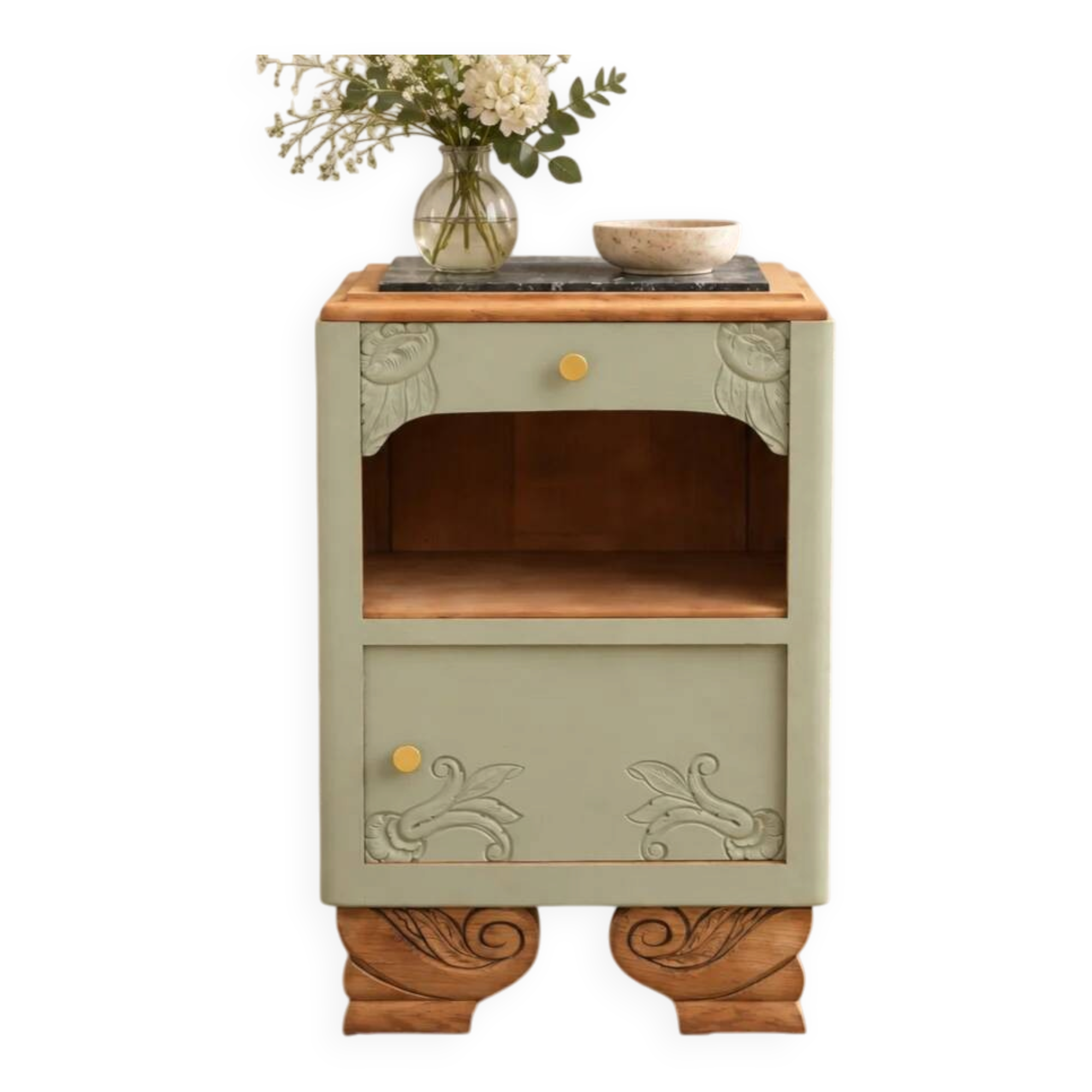 Renovated antique Art Deco bedside table – Lézard Green Pure & Paint, natural wood and marble top.