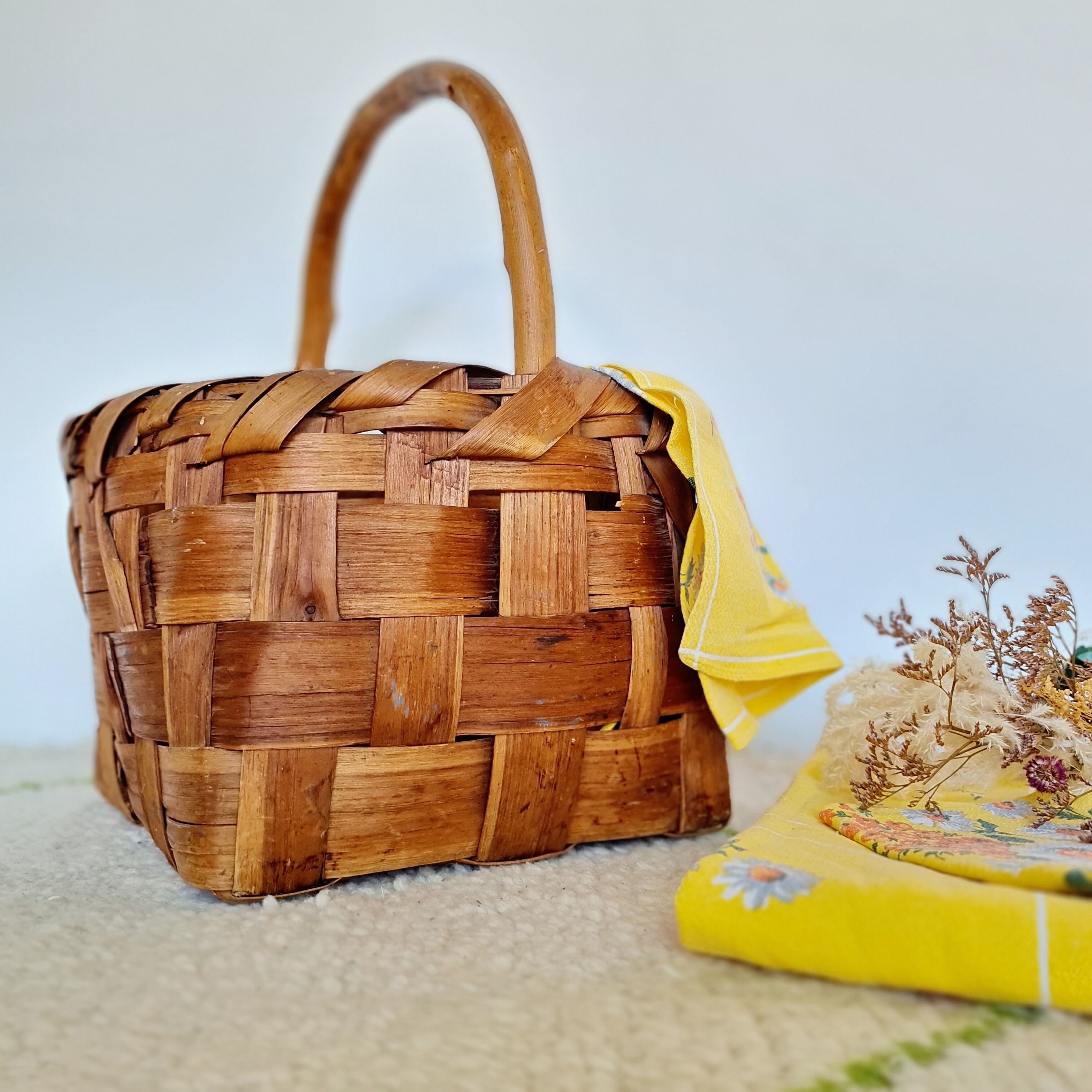 Old wood basket and natural fibers