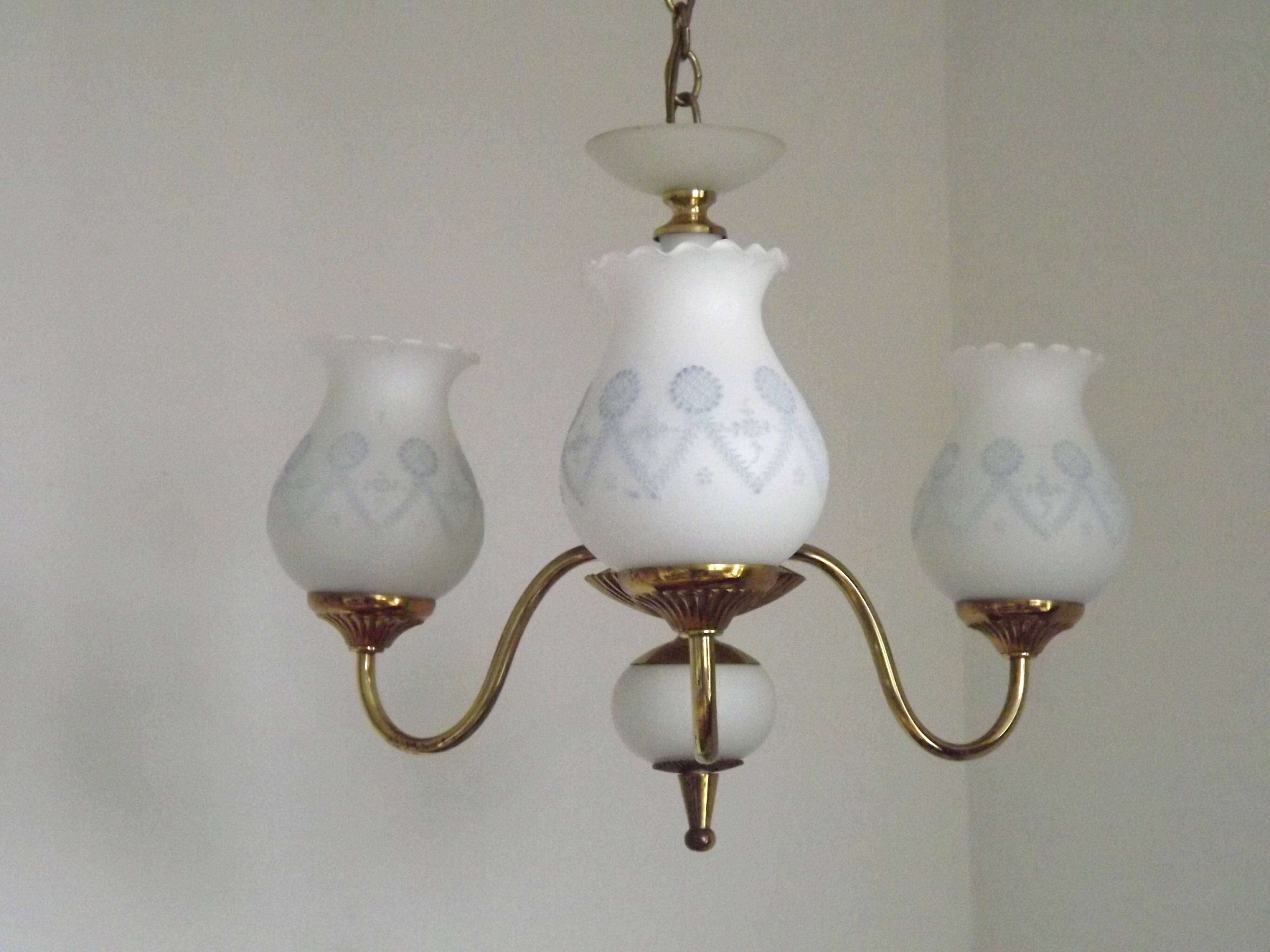 3 Light Vintage French Chandelier Gold Metal Glass Column & Decorated Shade